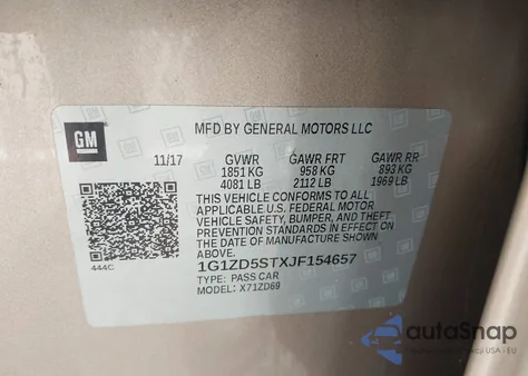 2018 Chevrolet Malibu Lt из США, поврежденный, VIN 1G1ZD5STXJF154657